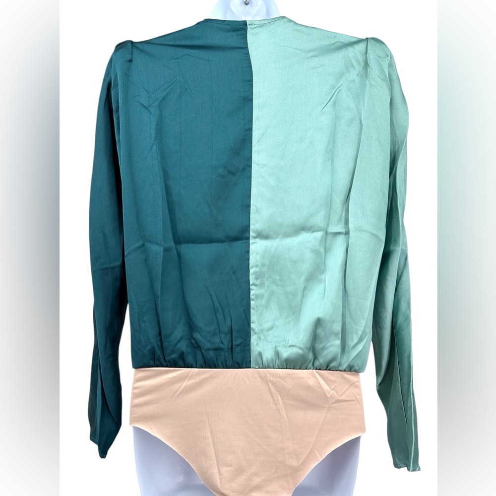 Strut & Bolt Women’s M Jade and Dark Teal Faux Wrap BodySuit Blouse NWT Long Slv - Picture 5 of 14